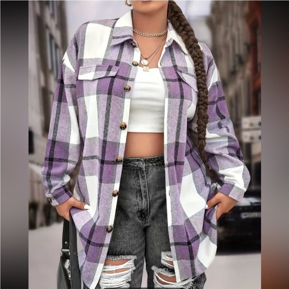 Purple Plaid Button Collard Shaket Sweater Cardigan